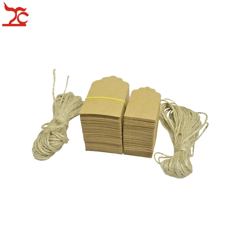 

Wholesale 100Pcs Brown Kraft Paper Scallop Head Tags Luggage Wedding Note Label+Jute String DIY Blank Kraft Travel Gift Hang Tag