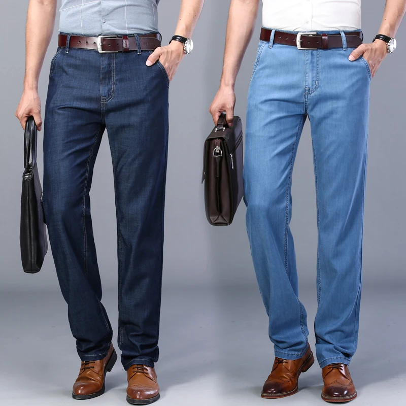 

Новинка лета 2020, мужские тонкие джинсы из тенсела, деловые повседневные эластичные удобные прямые джинсовые брюки, мужские Брендовые брюки ...