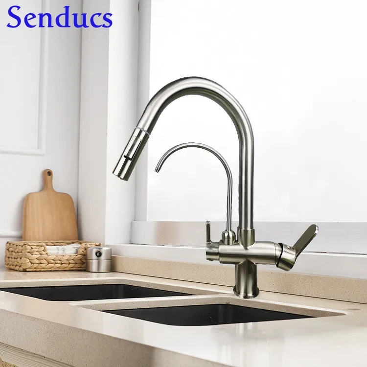 

Senducs Pull Down Kitchen Faucet Brushed Nickel 360 Degrees Rotatable Kitchen Faucet with 4Inch Filtered Tap for Drinking Water