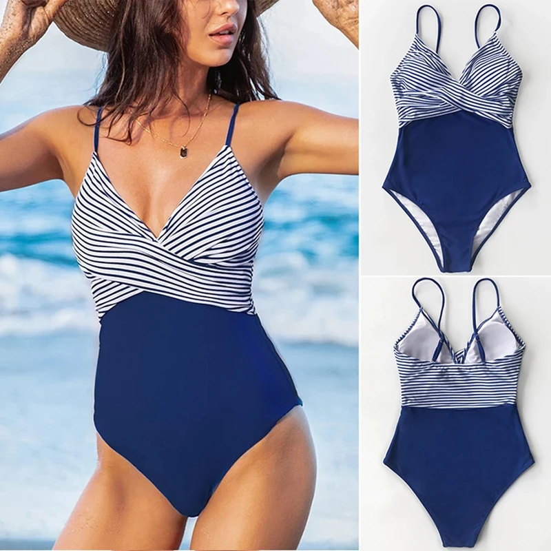 

Women's Striped Printed Sexy Bikini Slim Cover Belly One-Piece Swimsuit Blue