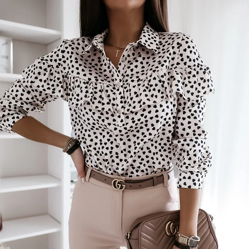 

Women Polka Dot Print Ruffle Blouse Shirt 2020 Autumn Winter Long Sleeve V-Neck Shirts Tops Elegant Office Ladies Button Blusas