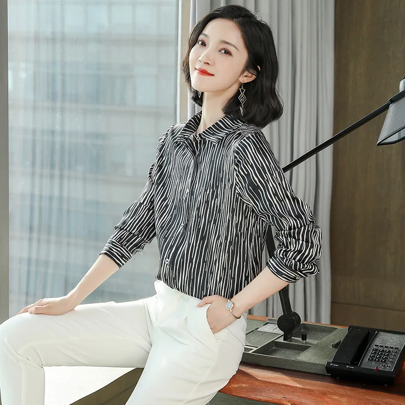 

Striped Heavy Silk Shirt Women's 2021 Spring New Fashion Professional Shirt Long Sleeve Mulberry Silk Blouse