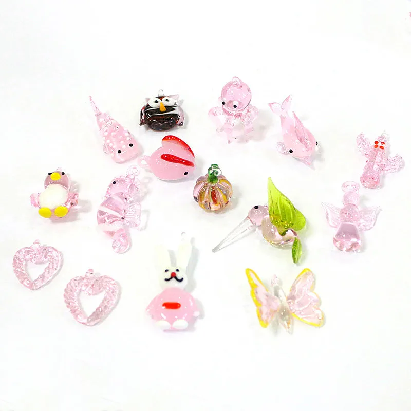 

Hanging Mini Pink Glass Figurines Ornament Cute Sea Animal Plant Bird Pendant Home Garden Wedding Party Kawaii Decor Accessories