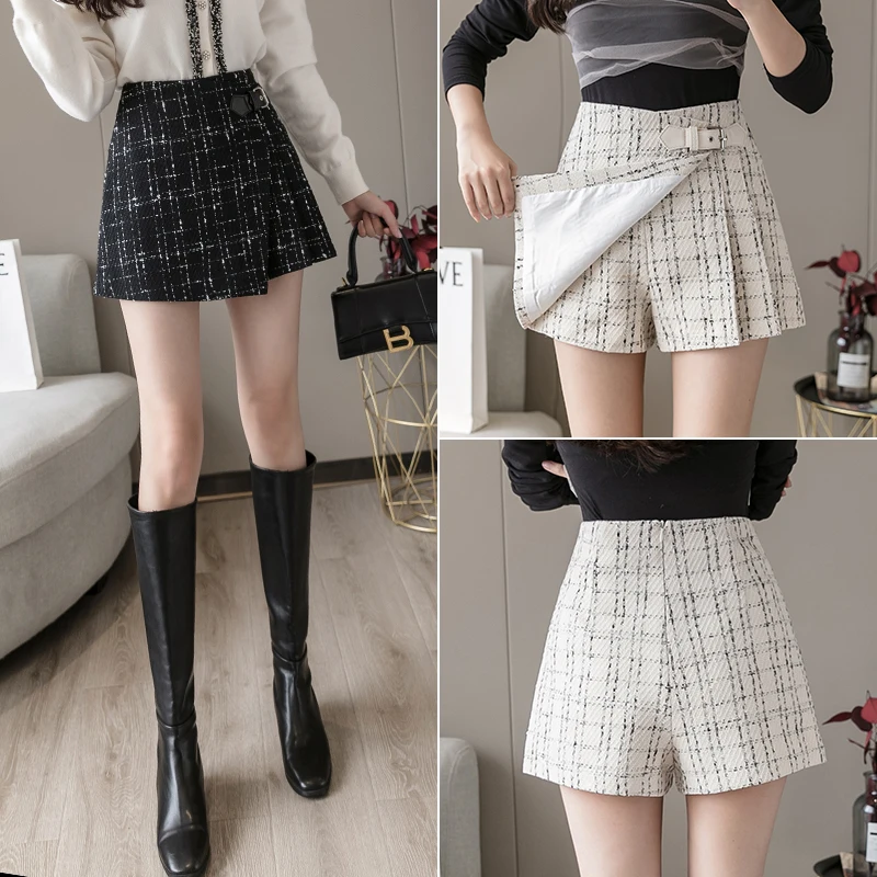 

Korean style tweed small incense style sub-skirt autumn and winter irregular pleated skirt high waist slimming hip skirt