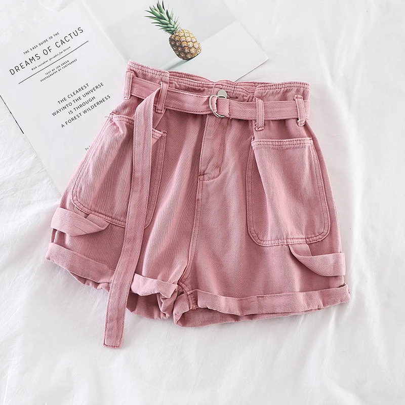 

Abrini 2021 Summer Women Cargo Shorts Female Pockets Jeans With Sashes Hot Shorts Elastic High Waist Shorts Jeans High Street