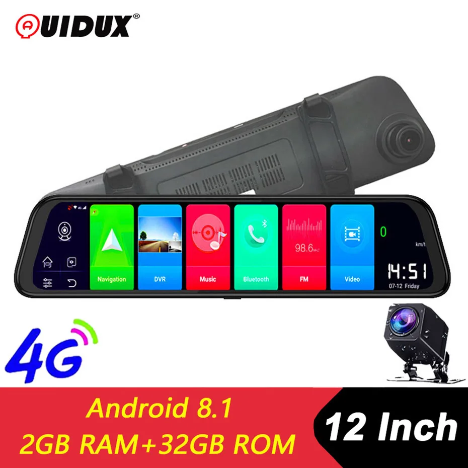 

QUIDUX 12" Rearview mirror 4G Android 8.1 Dash Camera 2GB RAM+32GB ROM GPS Navigation Car Video Recorder ADAS WiFi Car dvr 1080P