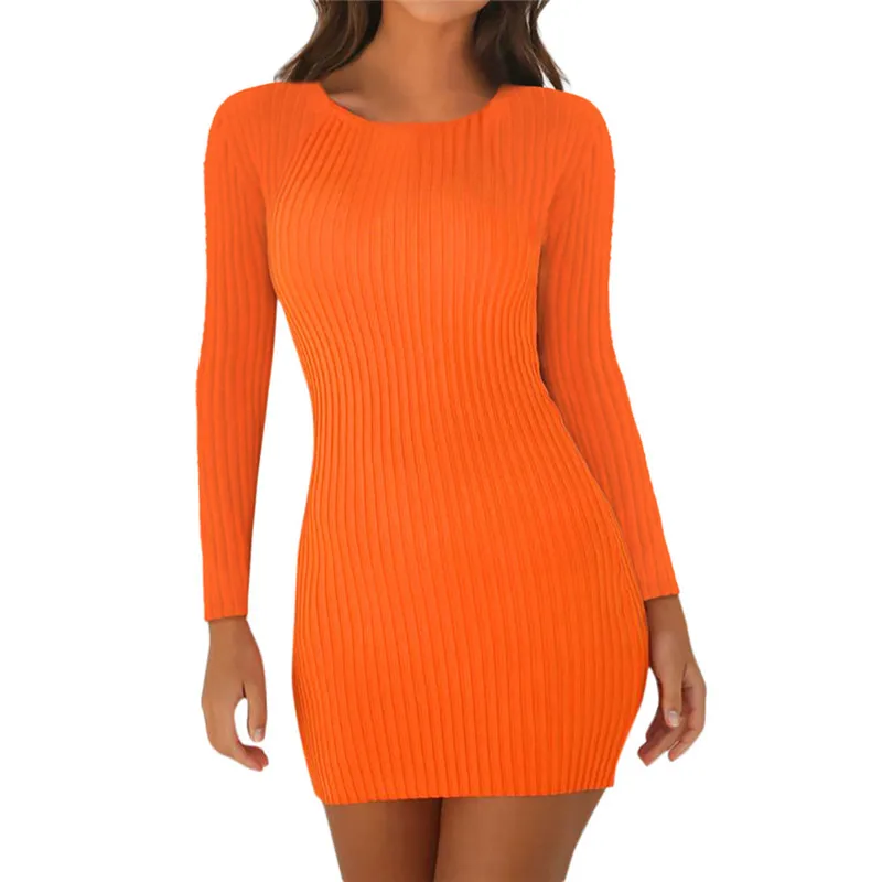 Mini robe tricotée à manches longues  col rond  vêtement hanches  vêtement Sexy  Orange  noir