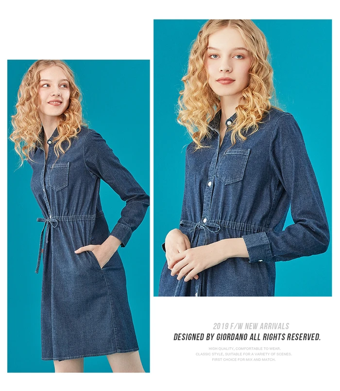 Giordano женское джинсовое платье с бантами и поясом легкое эластичное модное Бандажное платье с длинным рукавом 05469140