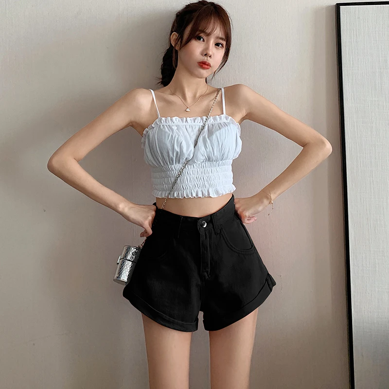 

Jeans For Women Fashion High Waist Cotton Shorts Girls Simple Wide-legged Shorts Bottoms Real Photos