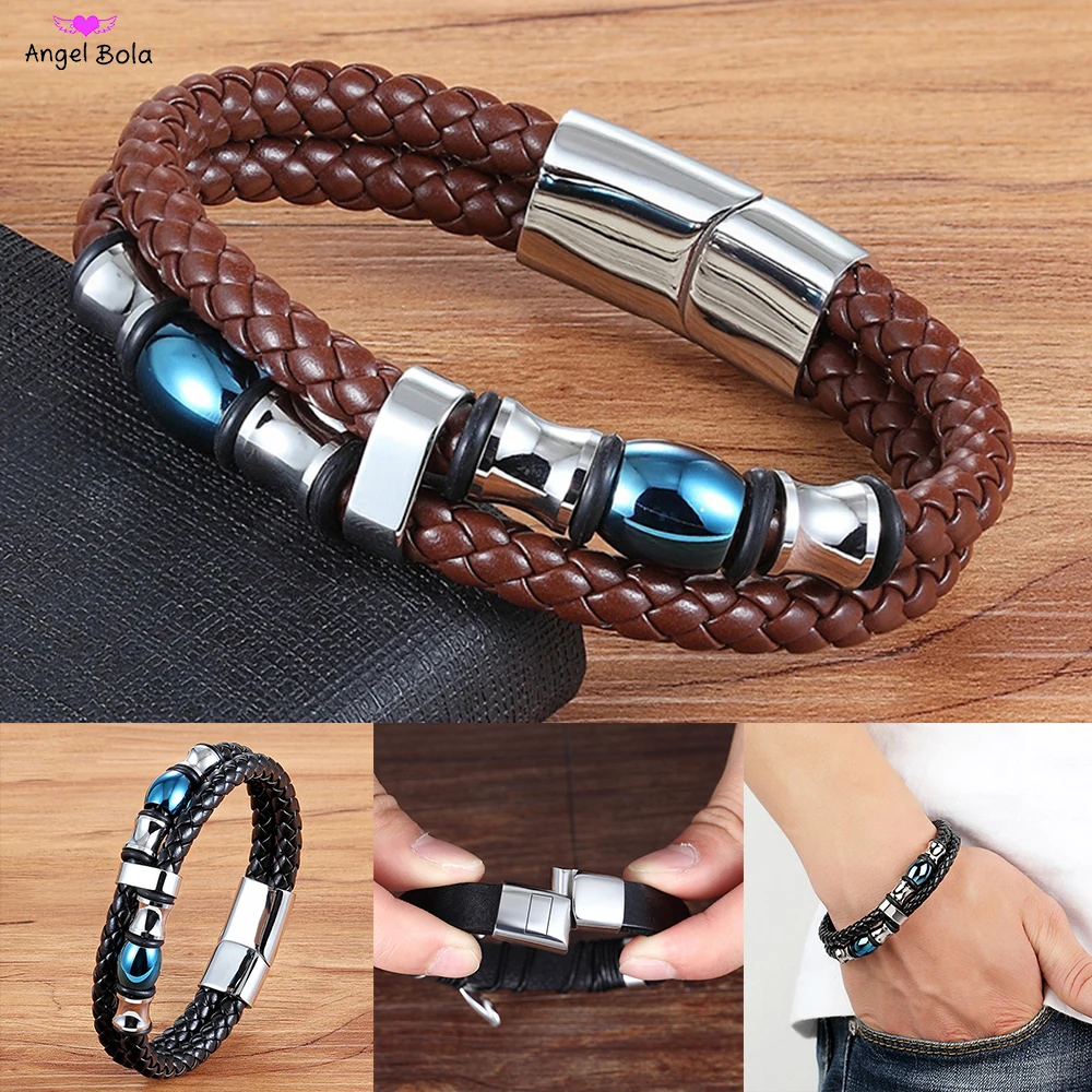 Браслет мужской из двойной кожи браслет Будды нержавеющей стали с магнитной