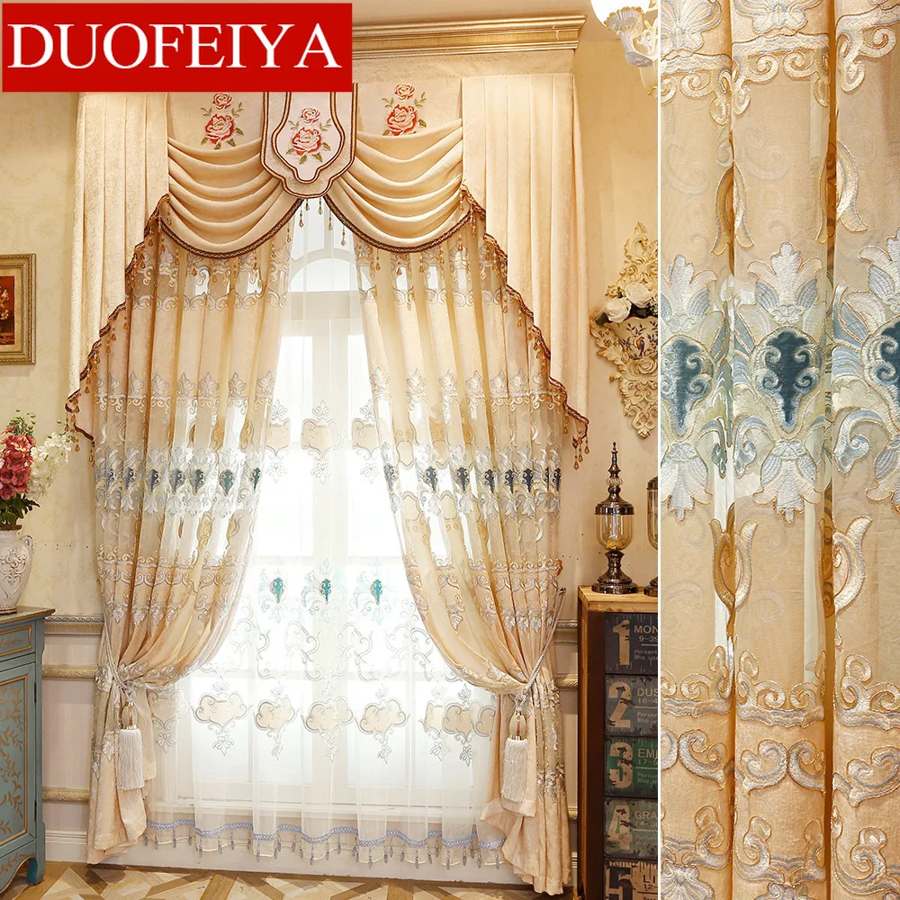 

High-class European-style Chenille Curtains for Living Dining Room Bedroom Embroidery Valance Villa Window Curtain tulle sheer