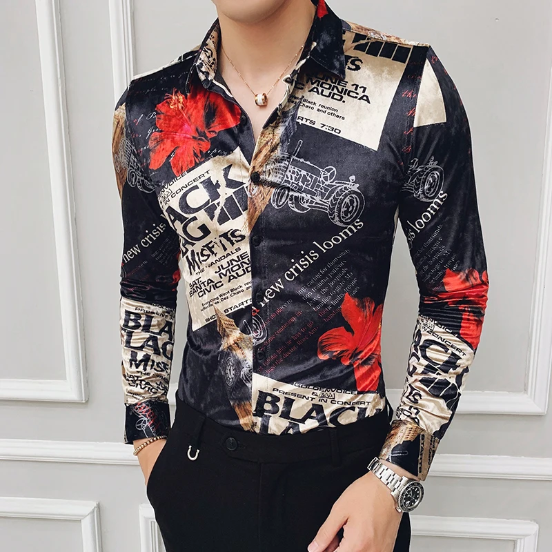 

Fashion brand club shirt winter men's thick gold velvet Slim printed shirt Chemise Homme Royal Baroque men's clothing Plus size