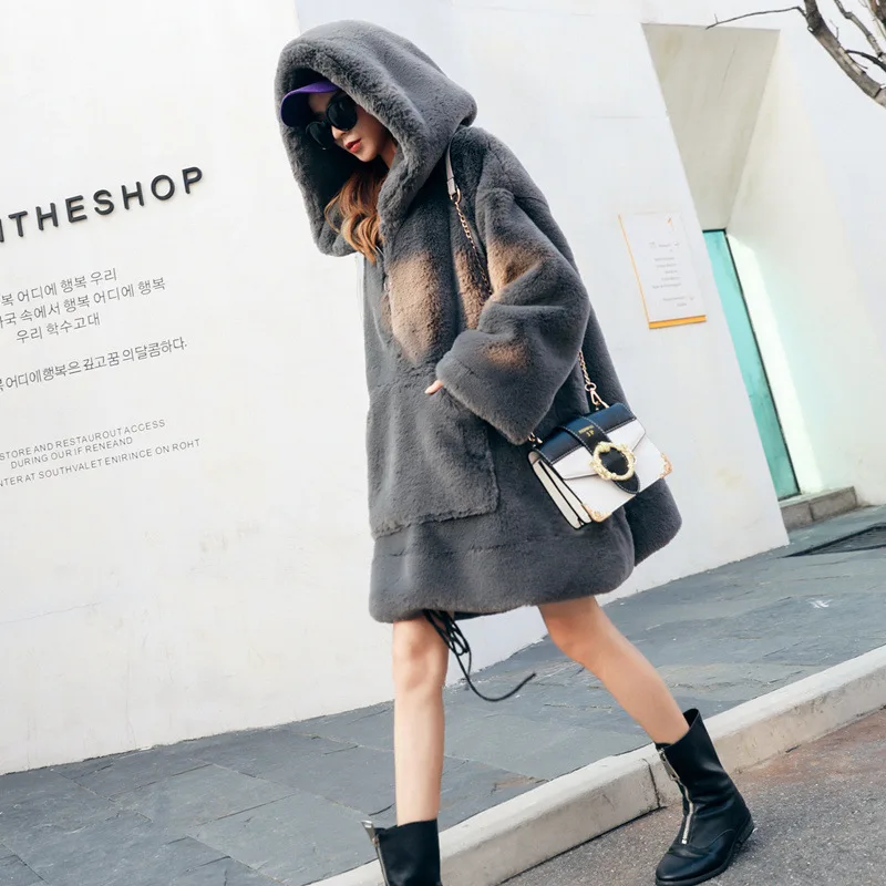 Winter new comfortable imitation fur pullover Jacket Women's medium and long imitation rabbit hair thickened Hooded Coat
