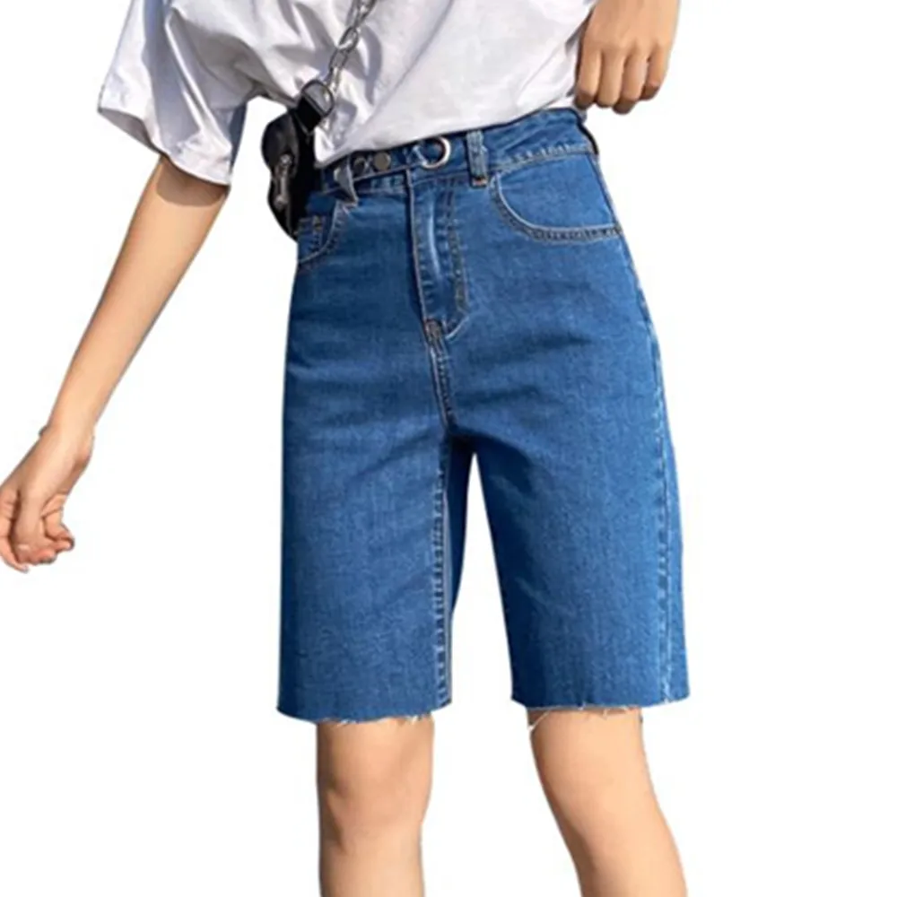 Фото - Женские джинсовые шорты с завышенной талией, синие длинные шорты до колена, женские летние повседневные джинсовые шорты-бермуды, 2021 1° genito джинсовые бермуды
