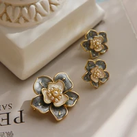 925 silver korean fashion new pearl camellia flower earrings