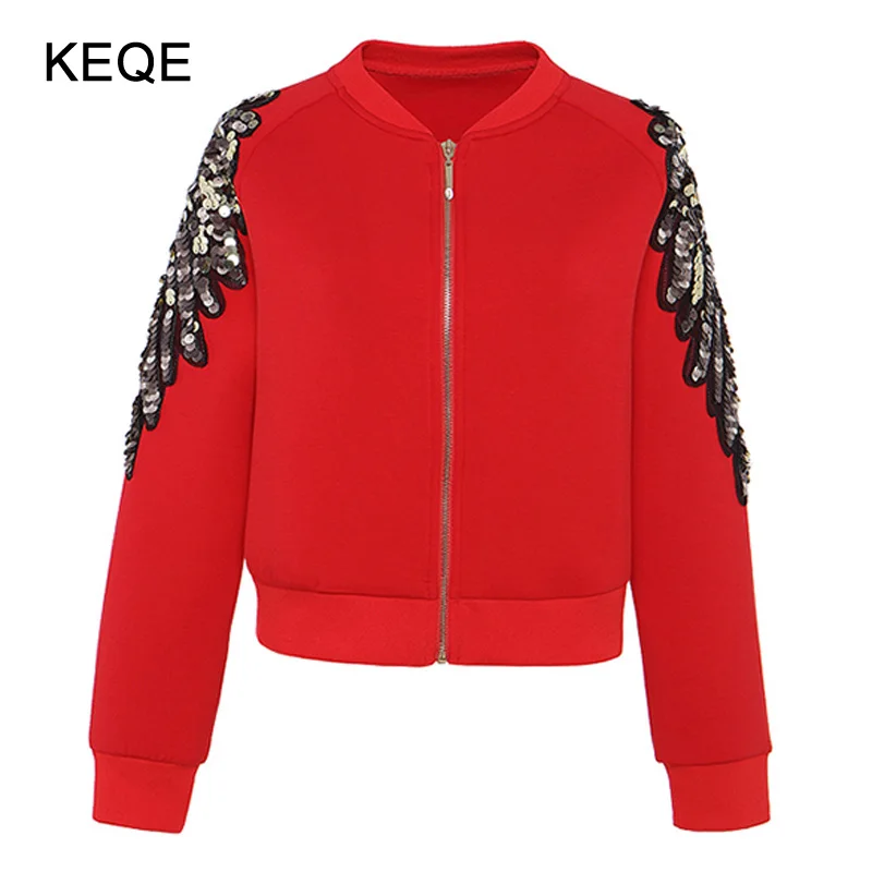 

Women's Spring/Autumn/Winter Jacket Women Wing Sequin Jacket Ladies Slim Red Stretch Coat Female Warm Short Bomber Jackets BW065