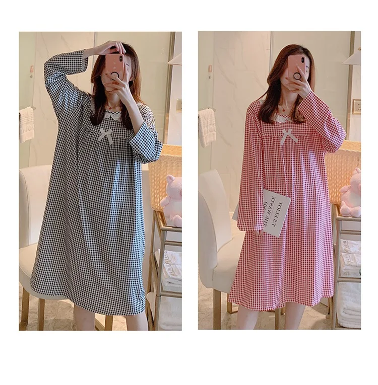 Spring Autumn Casual Plaid Cotton Nightgowns for Women Long Sleeve Loose Night Dress Home Dress Sleepwear Nightdress Nighty