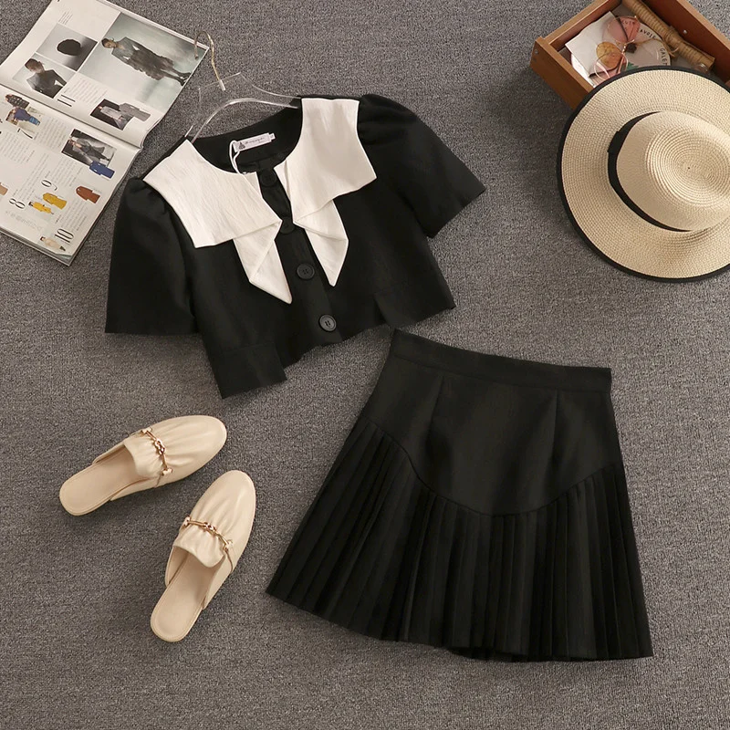 

Женский костюм-двойка в Корейском стиле, укороченный топ с коротким рукавом и плиссированная юбка