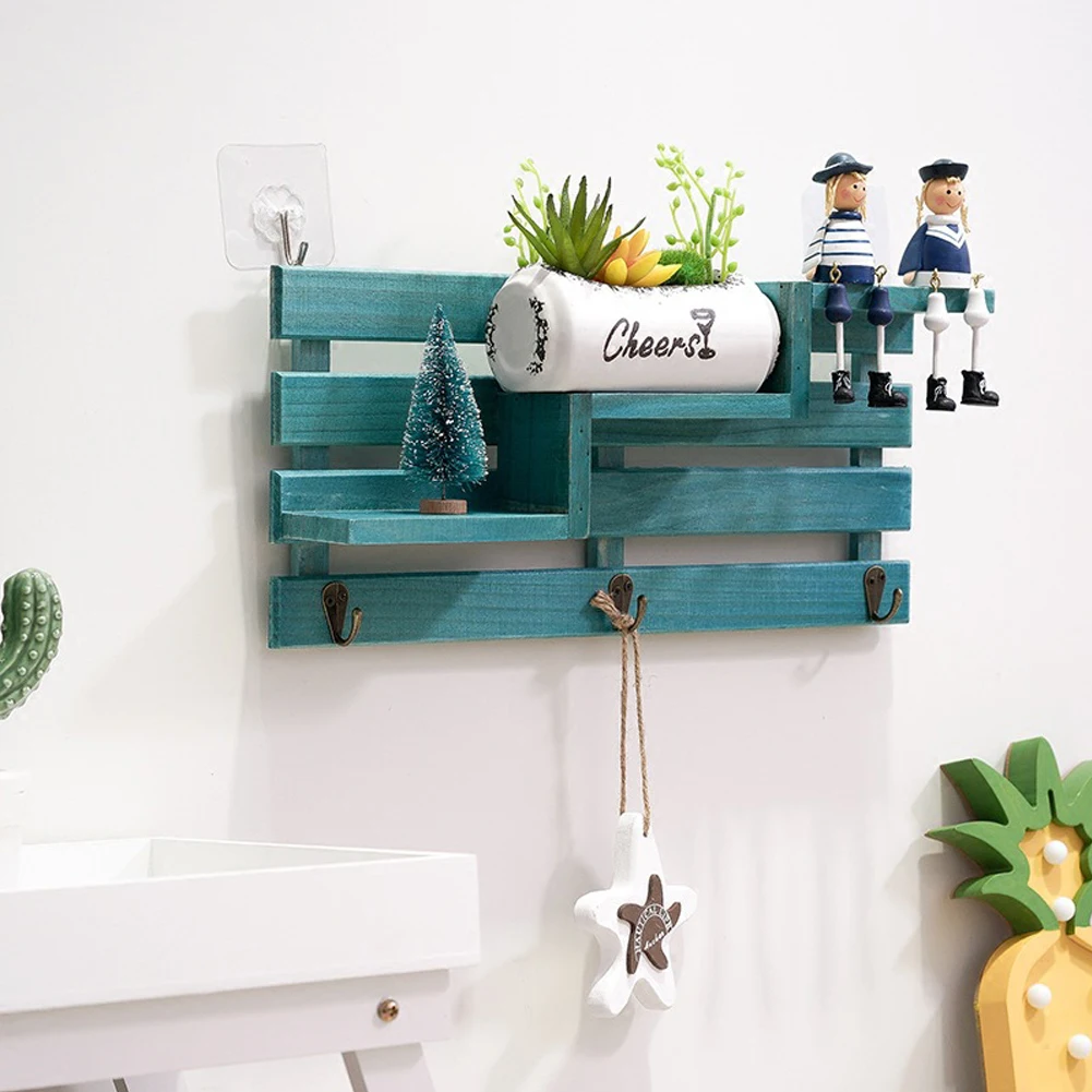

Wall-Hung Vintage Wooden Key Holder Home Porch Decor Rack Bedroom Storage Sundries Shelf Step-wise Punch-free Cafe Keys Hanger