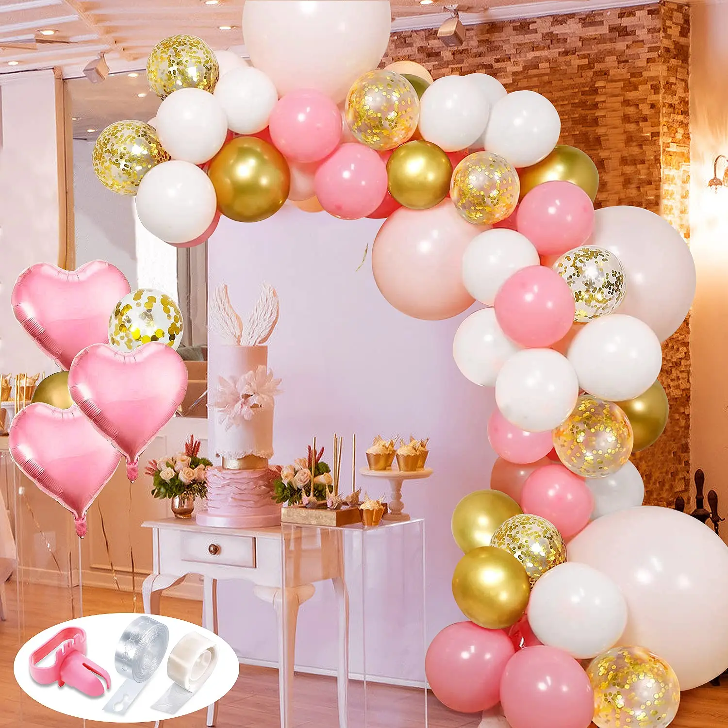 Juego de confeti rosa y naranja dorado, molde de aluminio en forma de corazón, guirnalda de globos, arco, conjunto de decoración para fiesta de cumpleaños y Baby Shower, 1 unidad