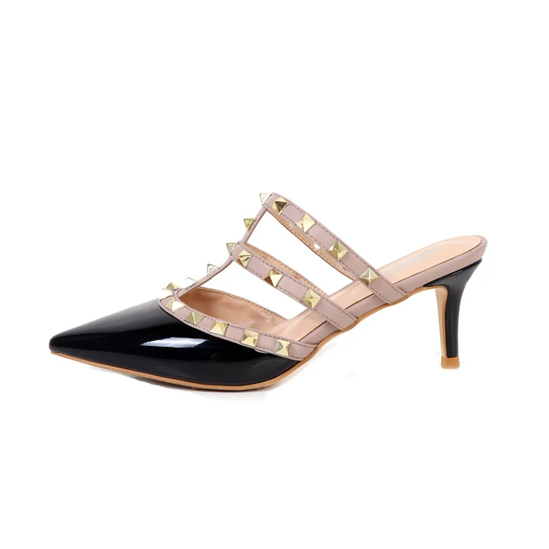

2020 summer new women's shoes all-match thin high heels outdoor stiletto rivet T-shaped toe half-drag sandals