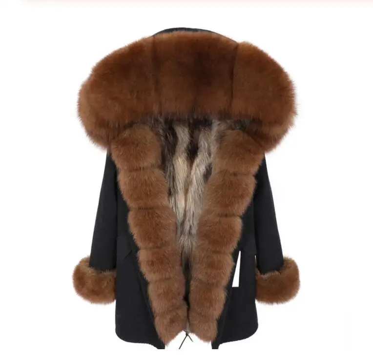 brown coat MaoMaoKong2019, Длинная зимняя куртка, женская верхняя одежда, толстые парки, пальто с воротником из натурального меха енота, с капюшоном, настоящая теплая подкладка из лисьего меха - Цвет: brown coat