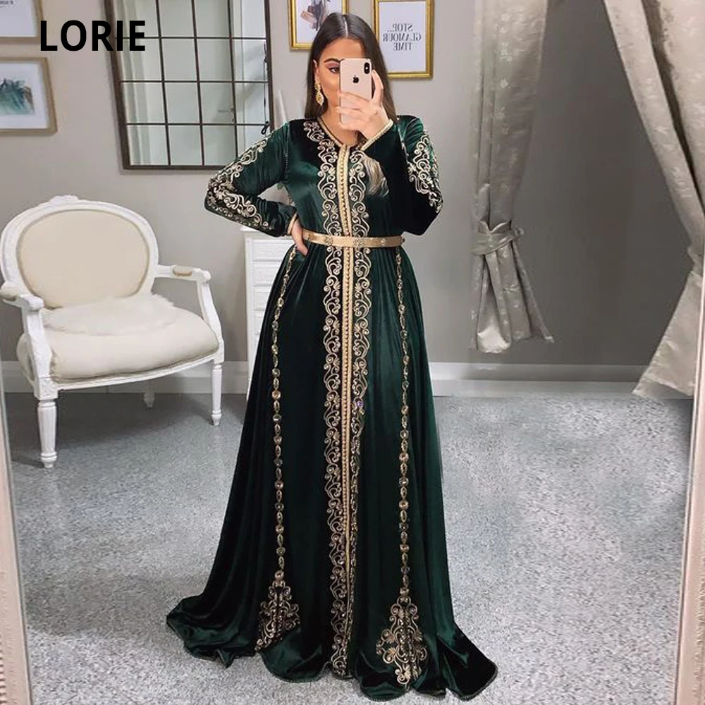 

LORIE Moroccan Caftan Dark Green Evening Dresses Dubai Prom Party Gowns Formal Velvet Gold Lace Arab Princess Celebrity Dresses