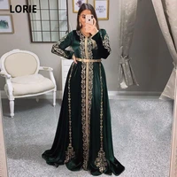 lorie moroccan caftan dark green evening dresses dubai prom party gowns formal velvet gold lace arab princess celebrity dresses