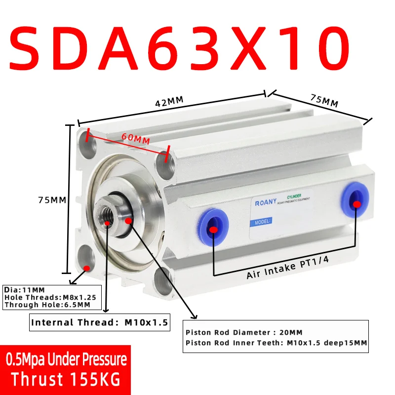 

Тип SDA, отверстие 63 мм, ход 5/10/20/25/30/40/50/100 мм, Двойное действие SDA63, компактный Пневматический поршневой цилиндр с внутренней резьбой