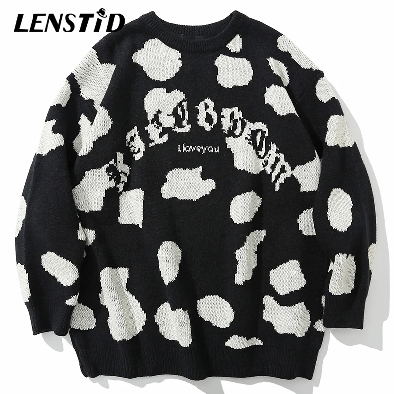 LENSTID Мужской трикотажный джемпер в стиле хип-хоп с принтом коровы жаккард уличная