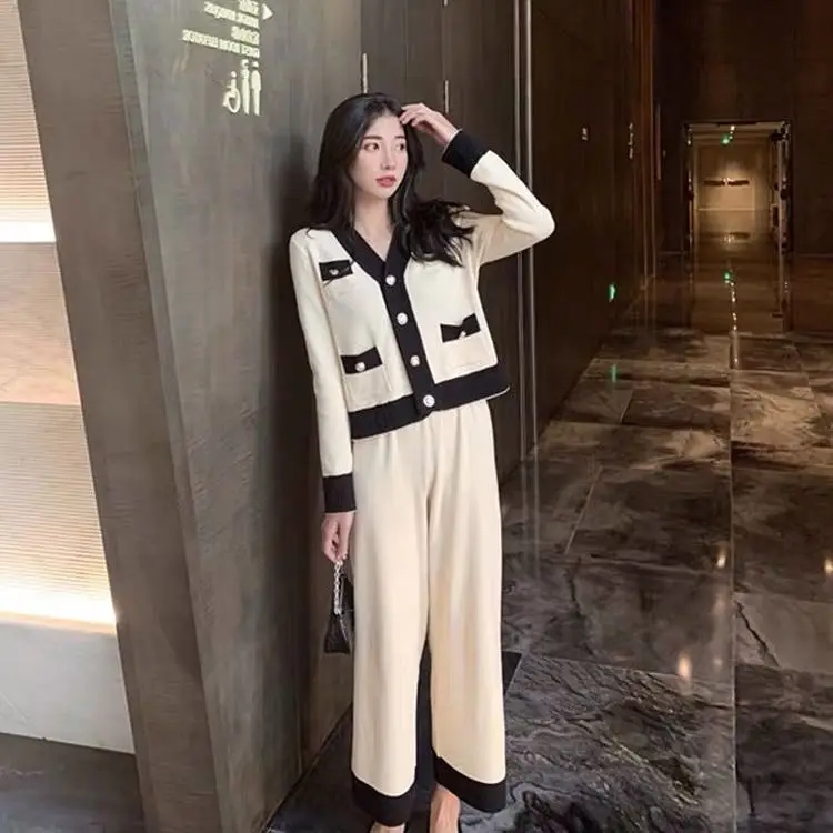 

2020 autumn and winter new suit women's knitted wide leg pants two-piece set