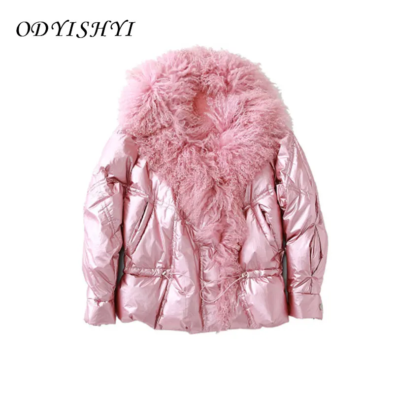

2020 Winter Women Light Short Silver Feather Jacket New Fashion Ladies Lamb Fur Collar White Duck Down Coat Female Warm Outwear