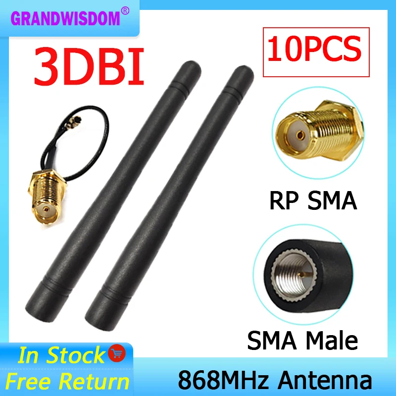 GRANDWISDOM 10pcs 868mhz antenna 3dbi sma male 915mhz lora antene module lorawan ipex 1 SMA female pigtail Extension Cable