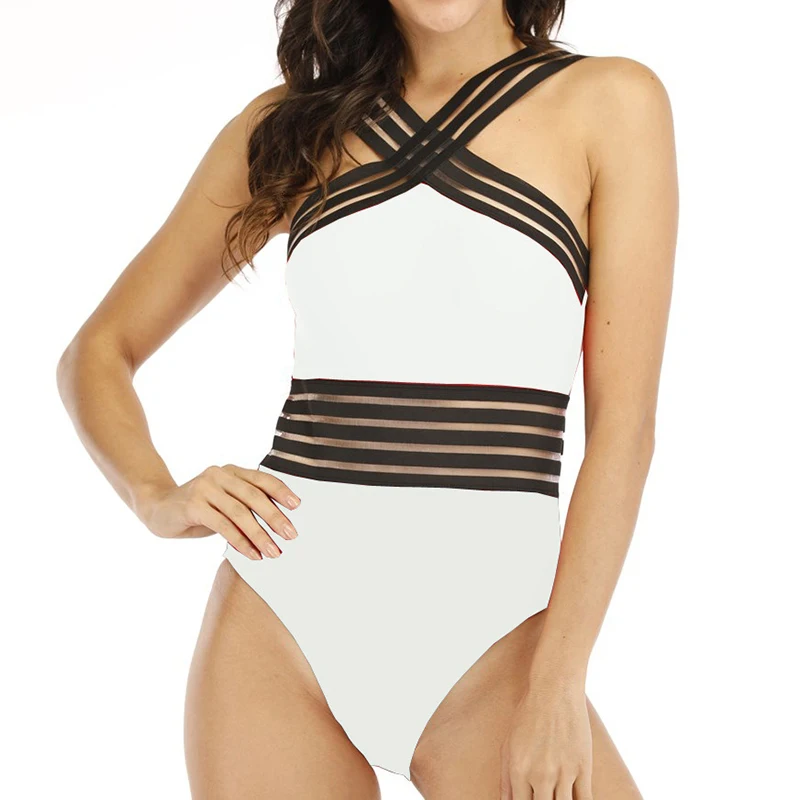 Черный купальник 2020 сетчатый лоскутный цельный женский с открытой спиной