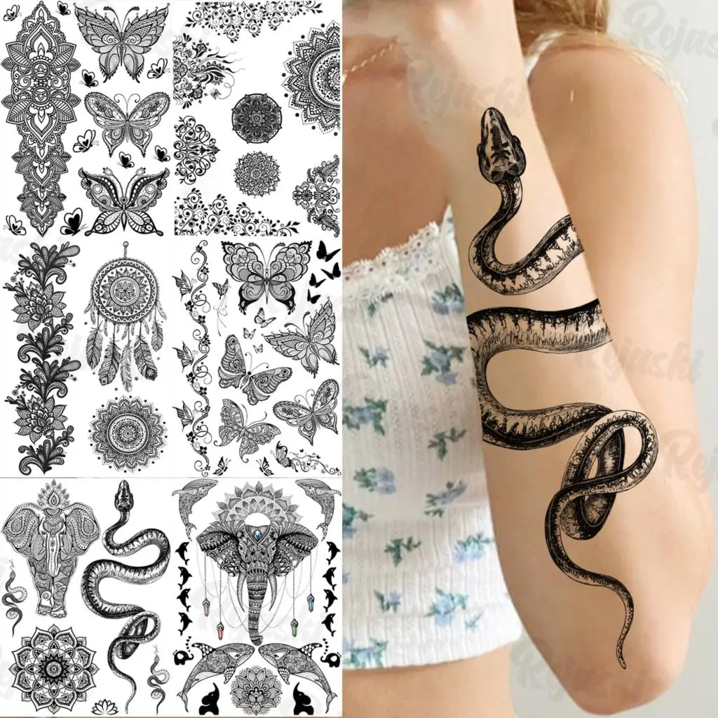 

Хна, змея, слон, временные татуировки для женщин, девушек, Бабочка, кружево, Ловец снов, перо, искусственная татуировка, наклейка, татуировки ...
