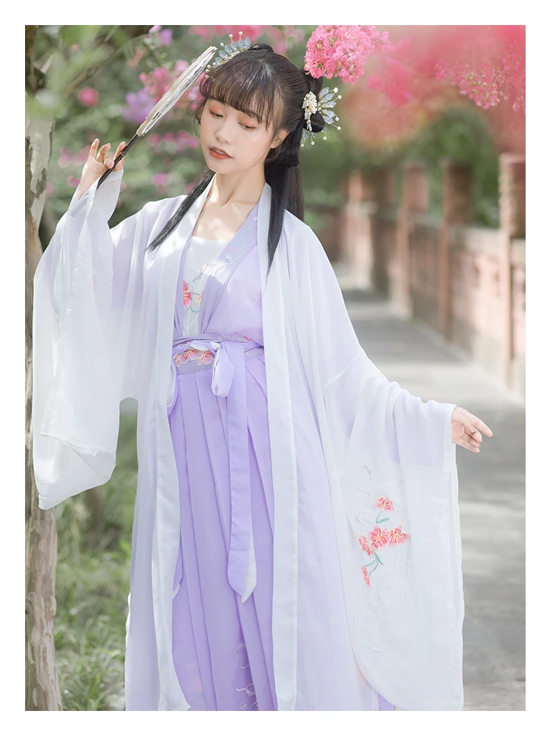 

Белый плащ, фиолетовый костюм, народное платье без бретелек, Династия Хань, принцесса, косплей, шифоновое платье ханьфу с вышивкой