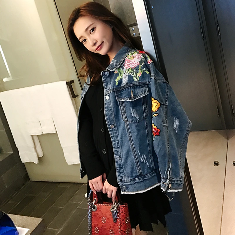 Осенне-весенняя женская джинсовая куртка с цветочной вышивкой пальто отложным