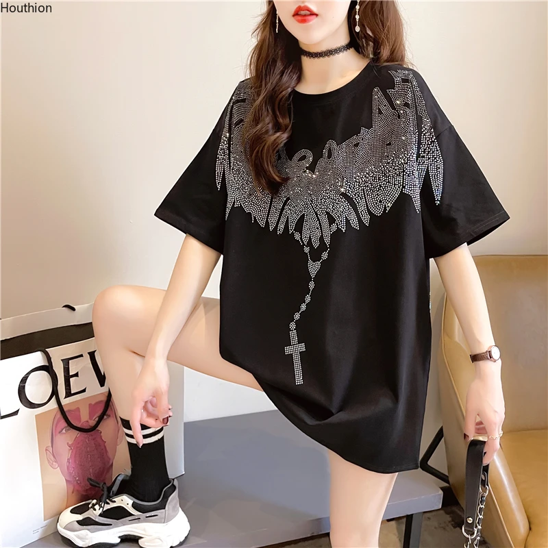 

Cotton Women's T-shirt Short Sleeve Tshirt Diamond Plus Size Top Loose New Korean Fashion Tops Casual O-neck T-shirts Houthion
