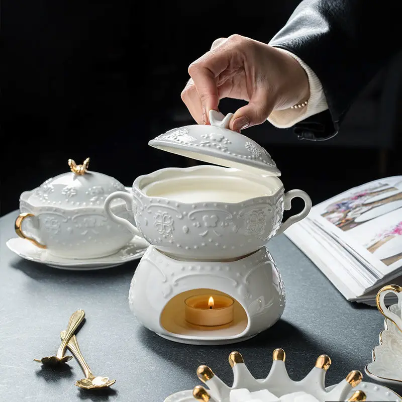 European-style Dessert Small Tableware Embossed Soup Cup with Lid Ceramic Bowl Stew Creative Household Health Dish Set | Дом и сад