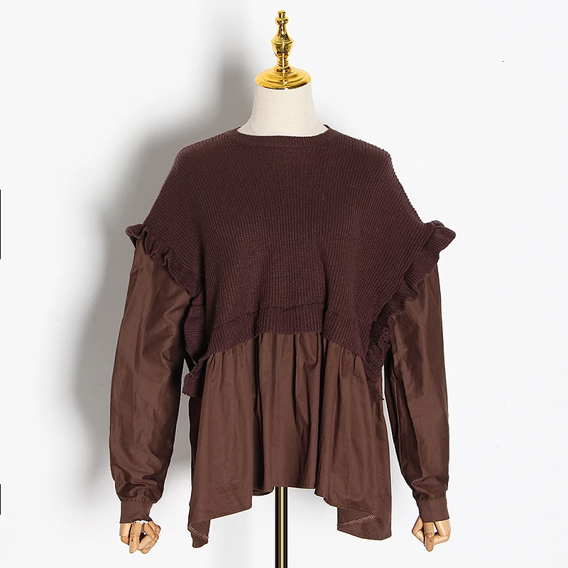 TWOTWINSTYLE Повседневный лоскутный женский свитер с рюшами круглый вырез длинный