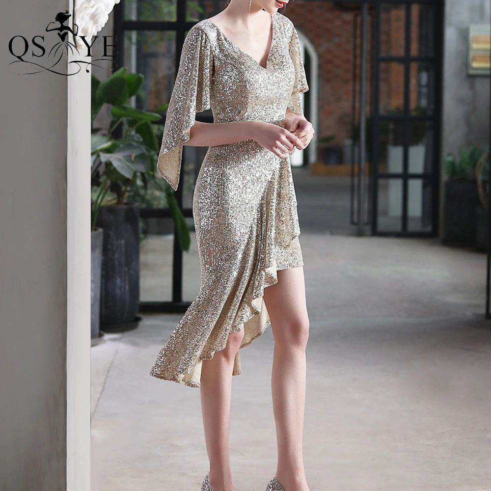 

Batted Sleeves Silver Prom Dress Sequin Short Evening Gown Ruffles V Neck Party Formal Gown Fit Sheath Women Short Dress Vestido