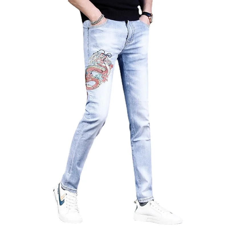 2022 New Summer Jeans Men Fashion Dragon Embroidered Pants Light Blue Jean Streetwear Casual Slim Fit Denim Trousers