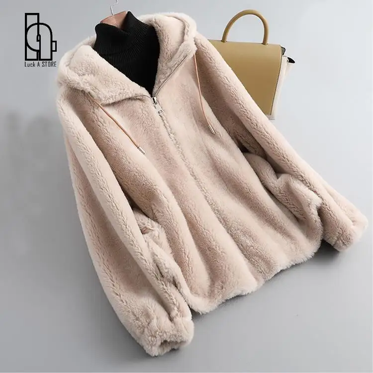 2021 Женское зимнее пальто с длинным рукавом и капюшоном из натуральной овечьей