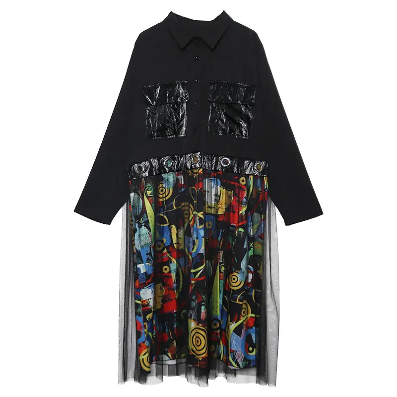 XITAO Mesh Sequin Dress Women Fashion New 2019 Autumn Elegant Turn Down Collar Patchwork Casual Style Loose GCC2084 | Женская одежда
