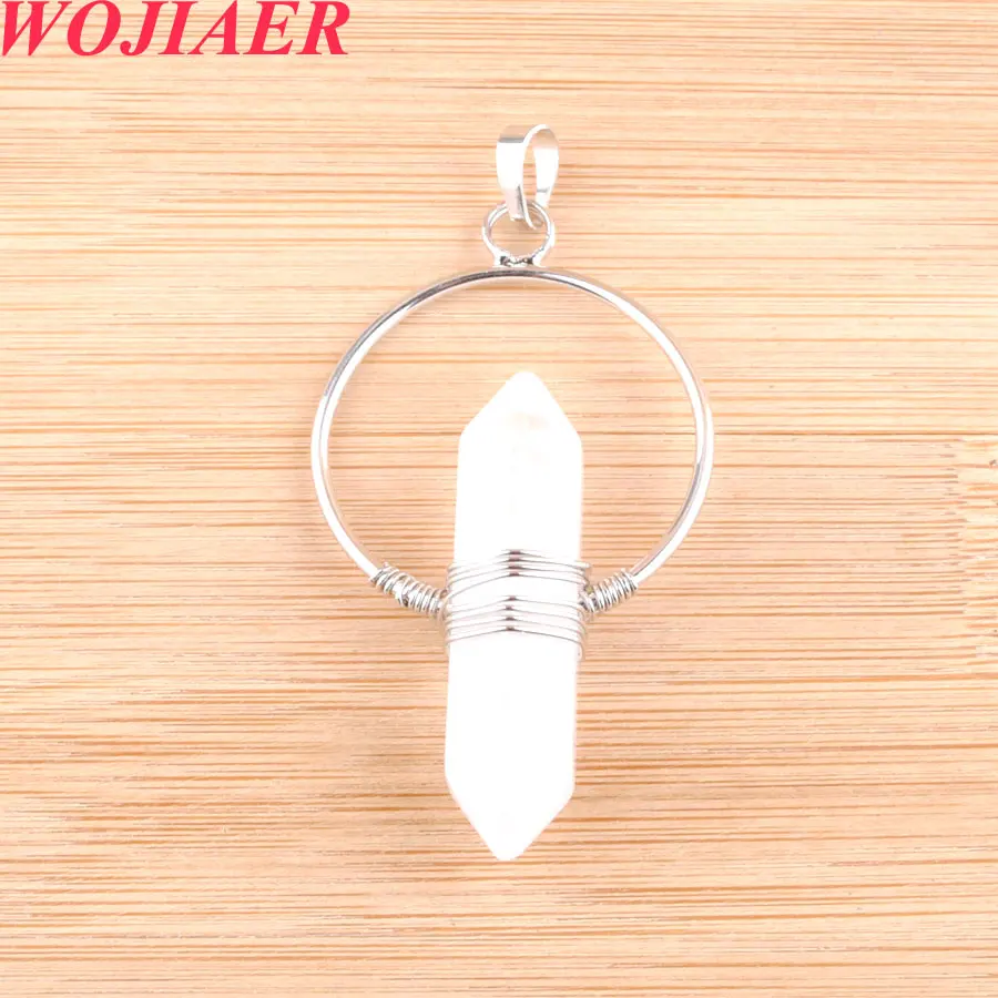 

WOJIAER Mixed 2Pcs Vintage Natural Stone Pendant White Cryst Healing Pointed Hexagon Pillar Circle Wire Wrap Dangle Women PO9066