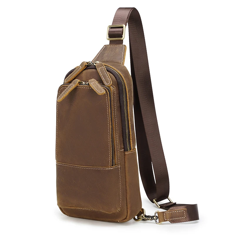 Luufan Retro Men Genuine Leather Crossbody Bags Fashion Chest Pack Short Trip Shoulder Messengers Bag