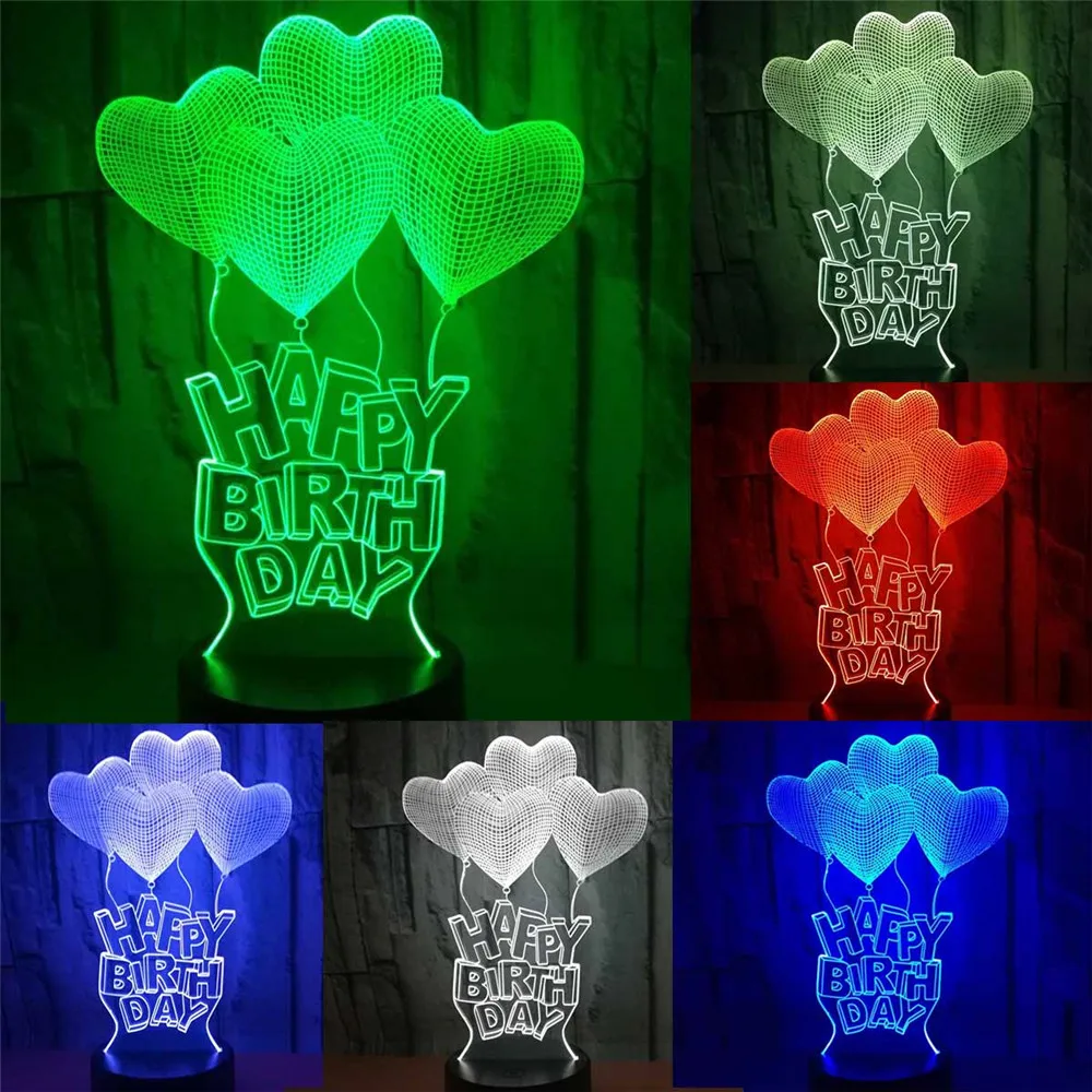 

LED lamp Happy Birthday Gift 3D Hologram Love Heart Balloons Table Lamp Night Light 7 Colors Change Home Decor for Kids Gift