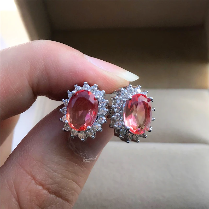

Dainty Female Crystal Flower Stud Earrings Charm Silver Color Small Earrings Boho Rainbow Oval Zircon Wedding Earrings For Women