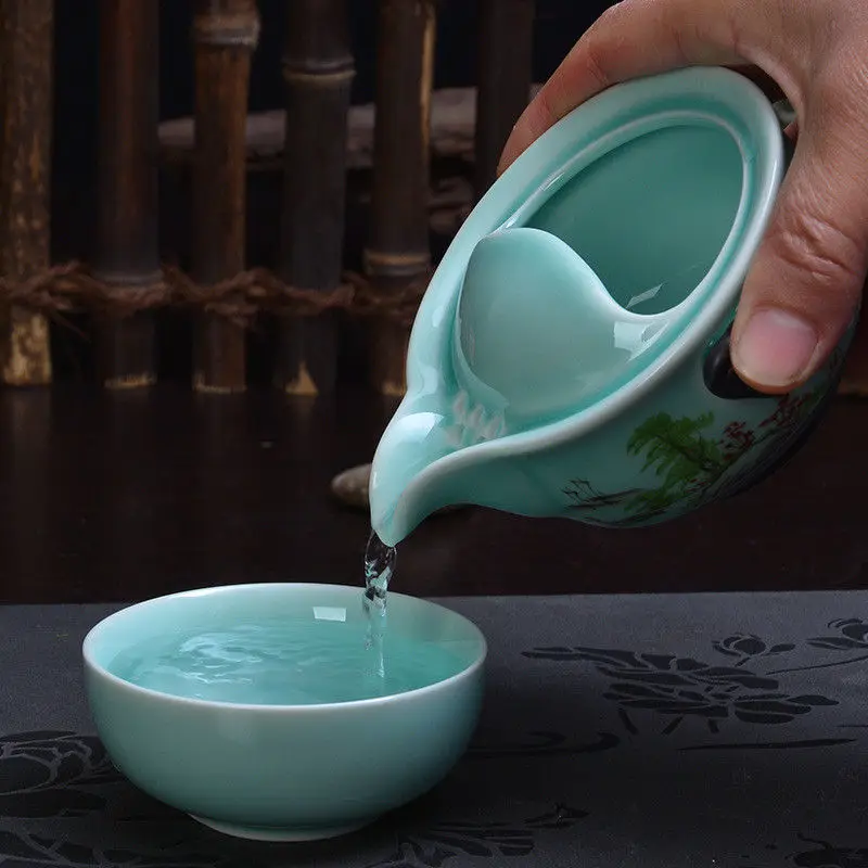 Чайный набор кунг-фу [granness] чайный 1 чаша Longquan Celadon Gaiwan расписанный вручную | Дом и