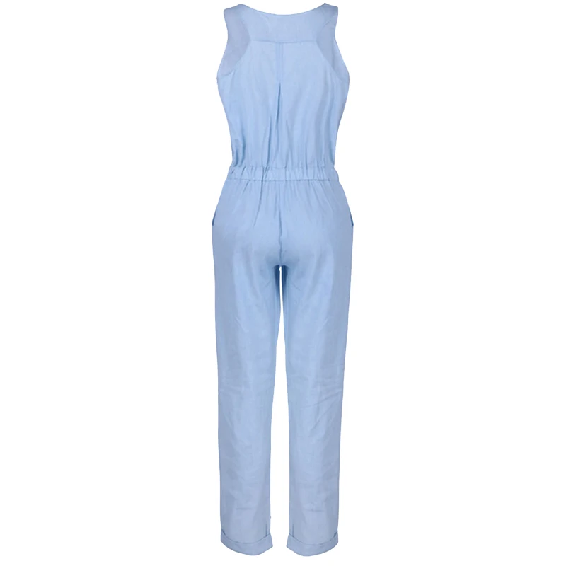 Женский джинсовый комбинезон свободный без рукавов с эластичной резинкой на